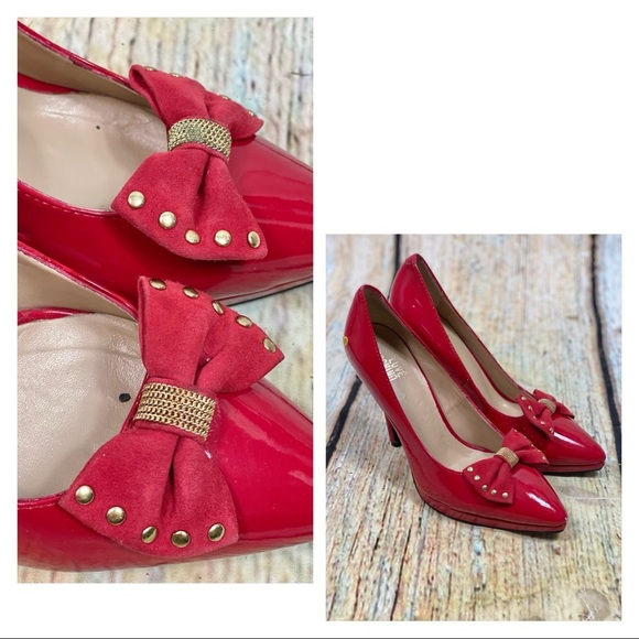 MOSCHINO EUC Red Patent Leather Studded Bow Pumps - Picture 6 of 16